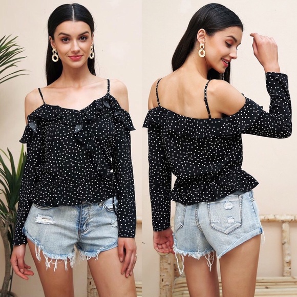 Cold Shoulder Ruffled Spaghetti Strap Dots Print Blouse - Picture 2 of 7